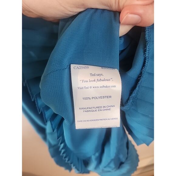 Ted Baker London Mini Poly Sheath Formal Cocktail Dress Blue Teal Ruffle Size 4 - Picture 5 of 6